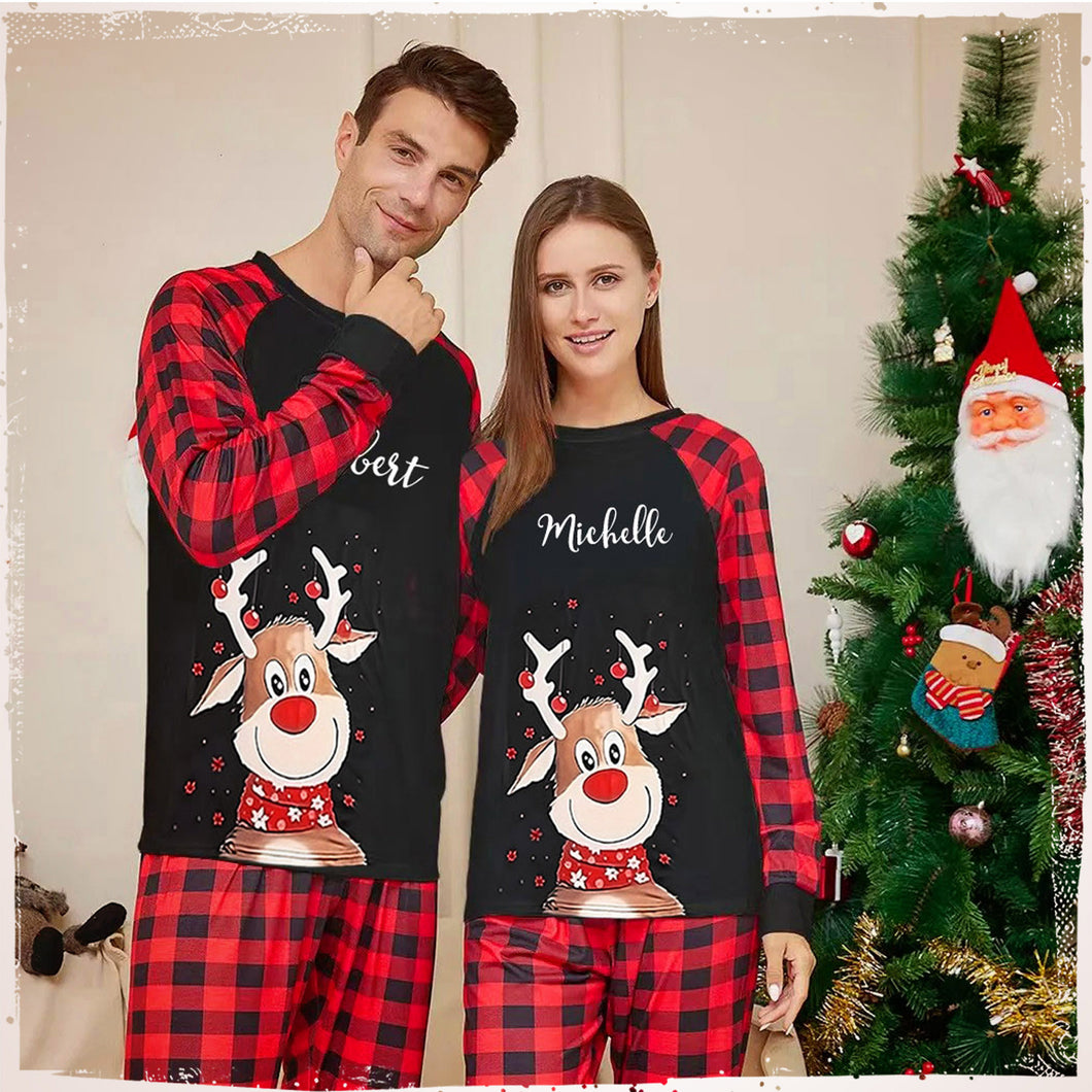 Personalised Black Christmas Reindeer Pyjamas | Matching Family Pyjama Sets with Red-nosed Reindeer design