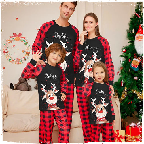 Personalised Black Christmas Reindeer Pyjamas | Matching Family Pyjama Sets with Red-nosed Reindeer design