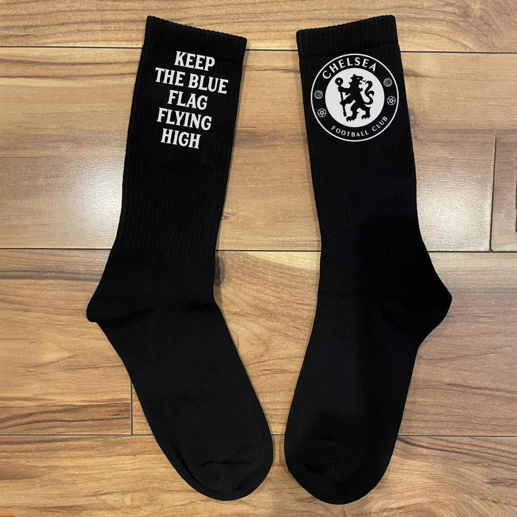Personalised Black Socks for Chelsea Fan, Customised with the Club's Motto, a Proud Moment of Supporting the Club, Banter Joke