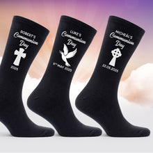 Personalised First Communion Socks – Catholic Cross, Irish Gaelic Cross or Dove Present – Custom Name & Date – Religious Gift for Boys