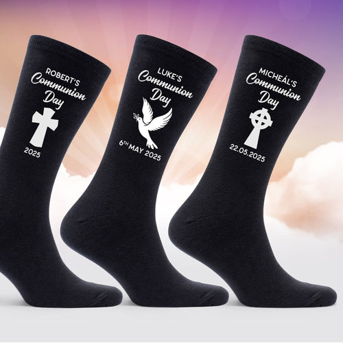 Personalised First Communion Socks – Catholic Cross, Irish Gaelic Cross or Dove Present – Custom Name & Date – Religious Gift for Boys