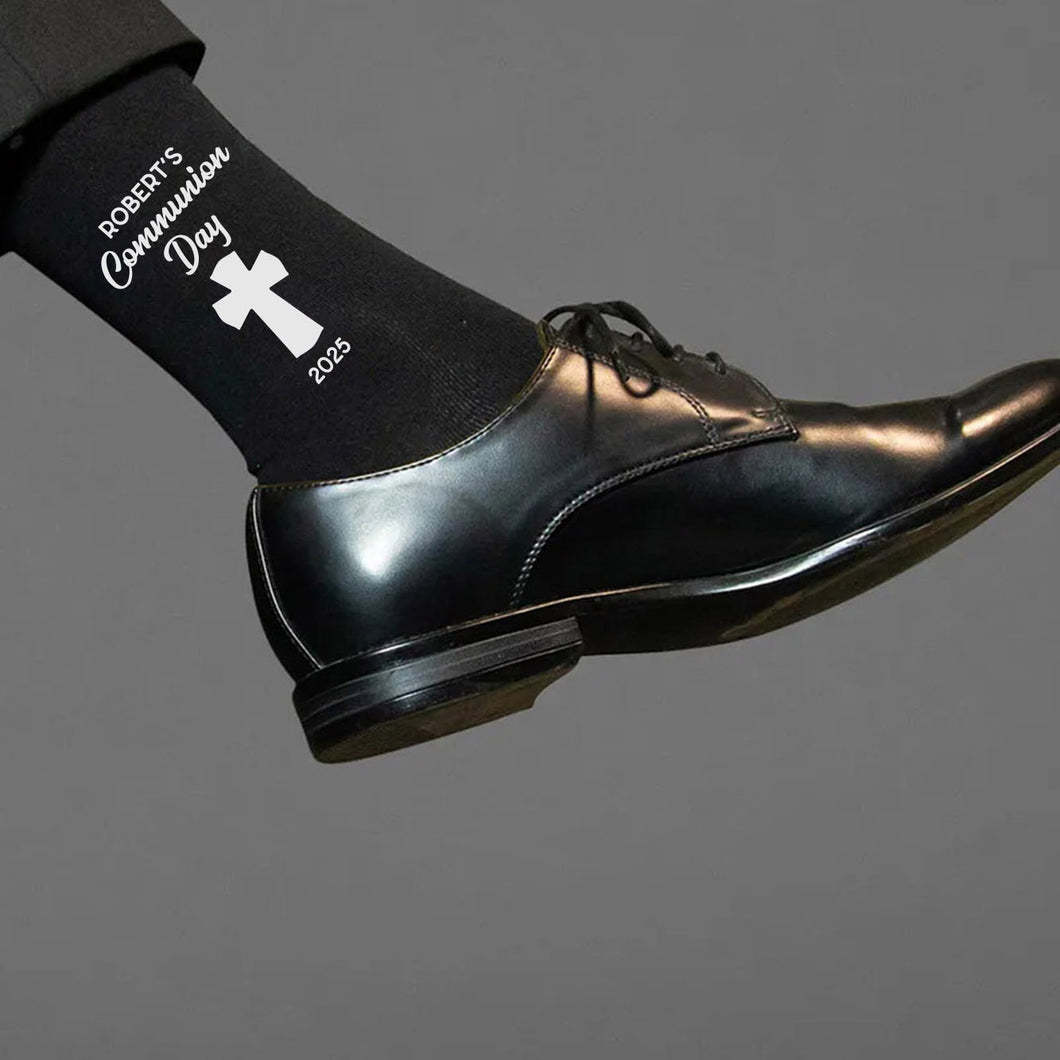 Personalised First Communion Socks – Catholic Cross, Irish Gaelic Cross or Dove Present – Custom Name & Date – Religious Gift for Boys