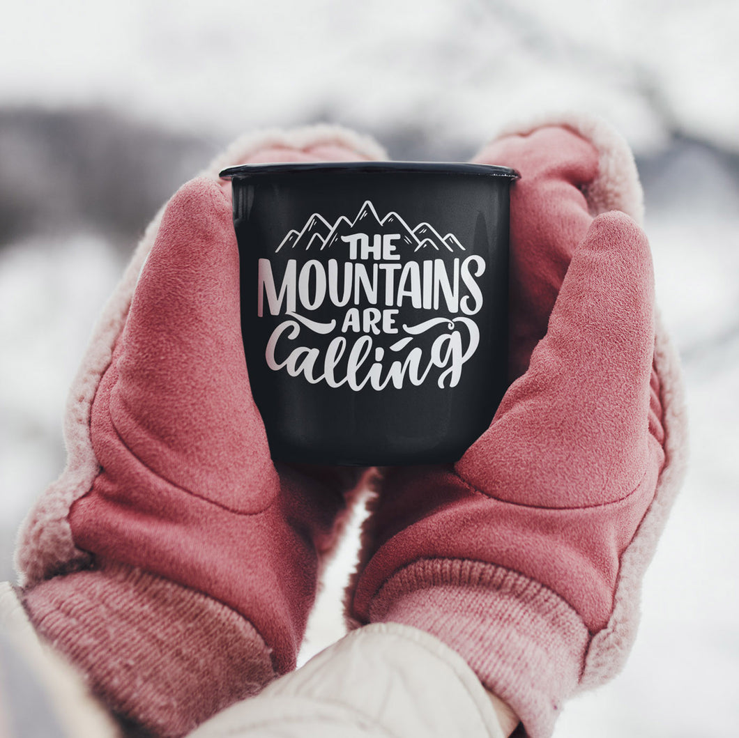Mountains Are Calling Personalised Enamel Black Mugs