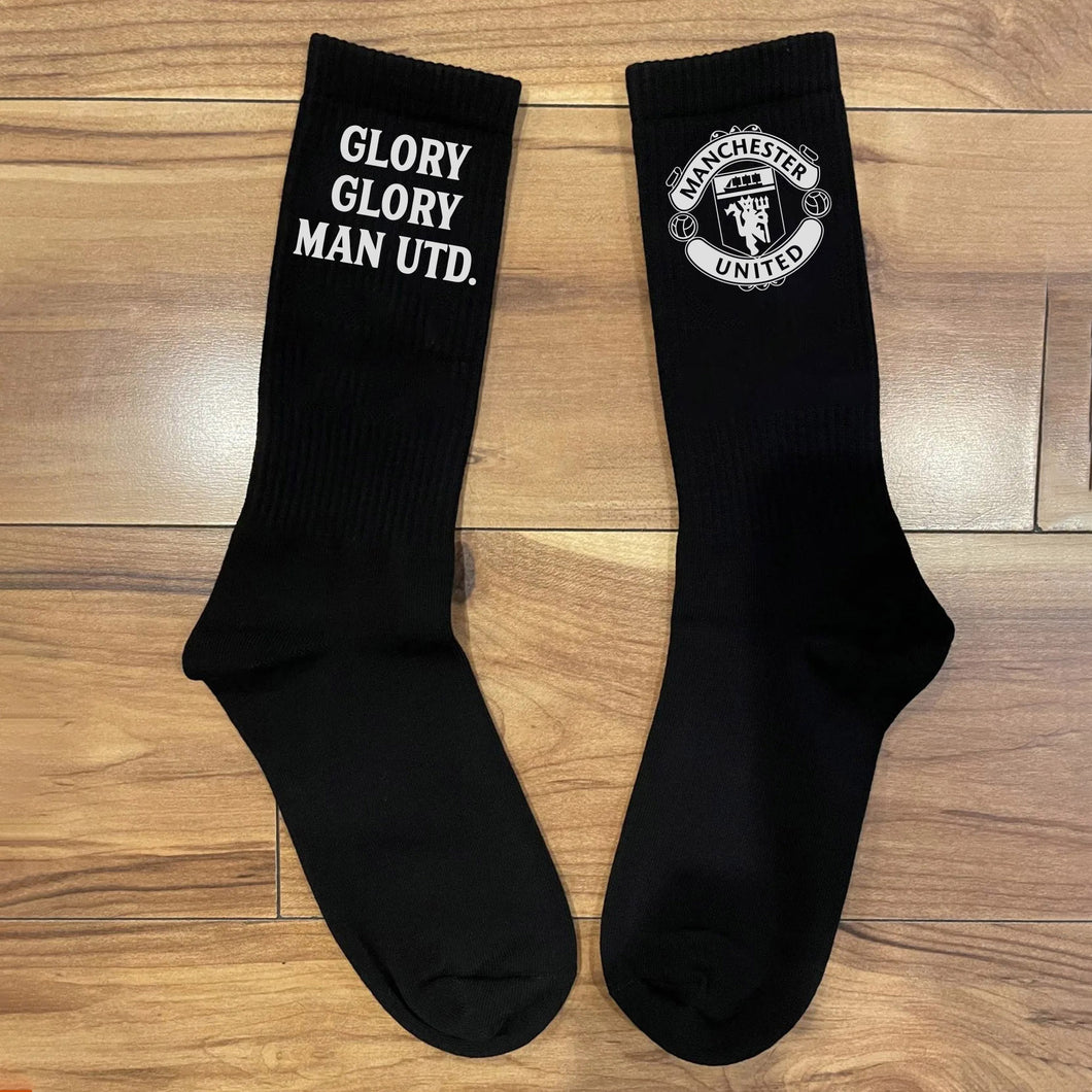 Personalised Black Socks for Manchester United Fan, Customised with the Club's Motto, a Proud Moment of Supporting the Club, Banter Joke