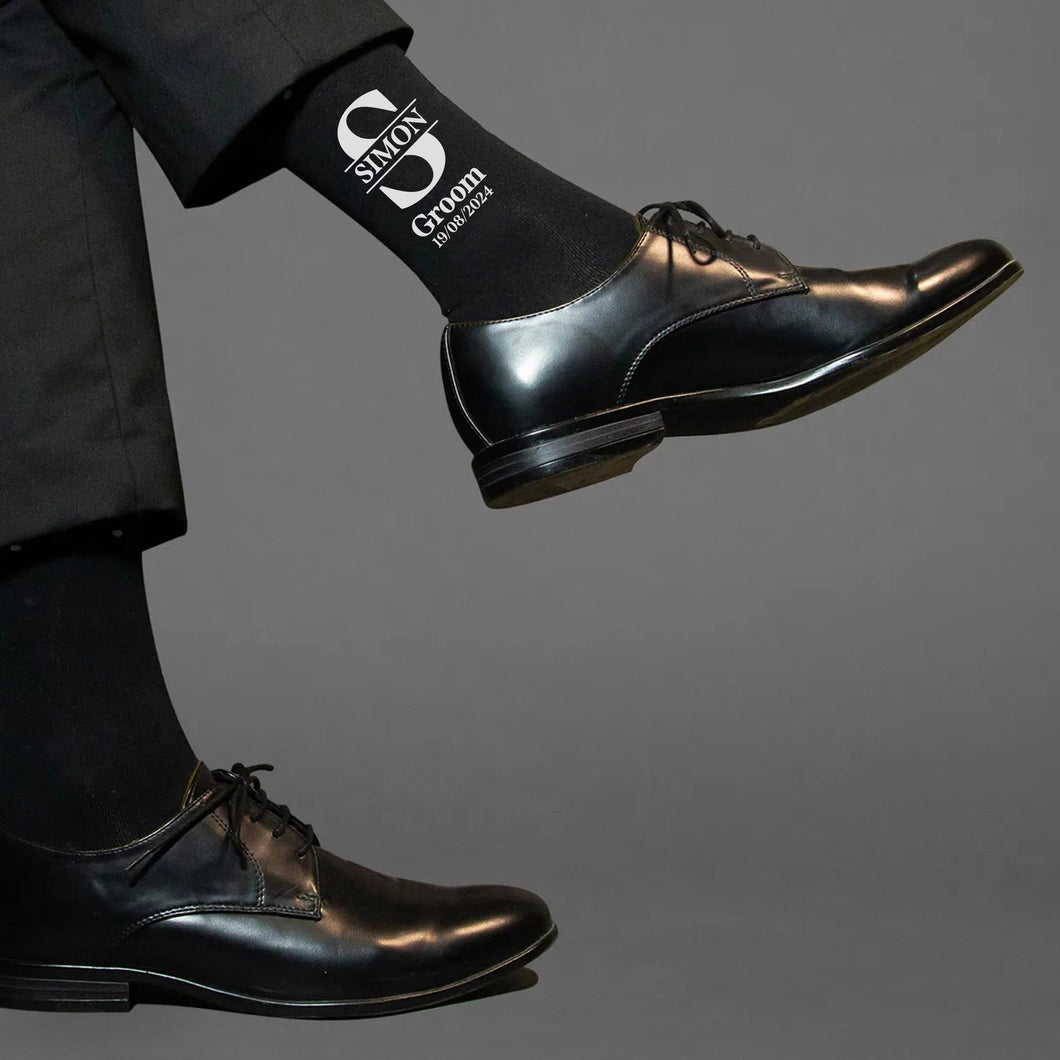 Personalised Wedding Socks for Groom and his Entourage. Decorated with Person's First Letter