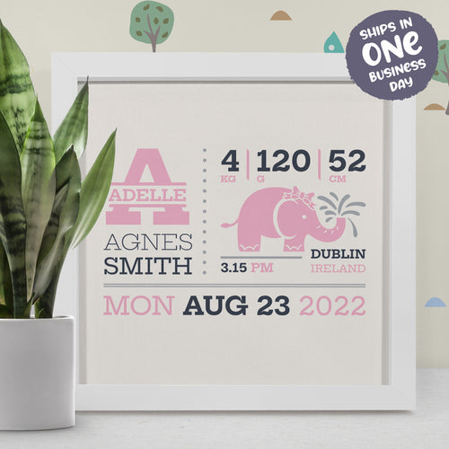 Personalised New Baby Frame | Newborn Cute Elephant Frame Print Art