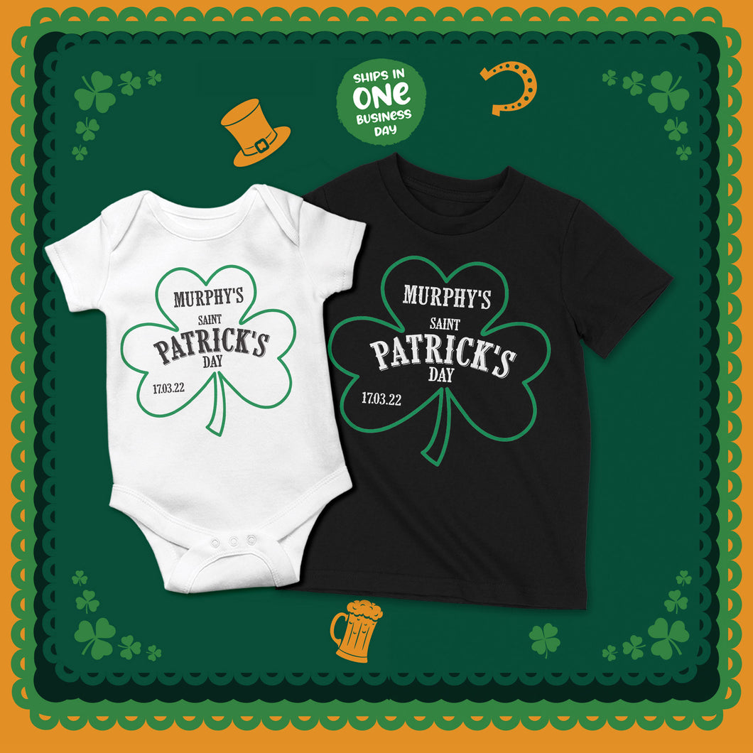 Personalised St. Patrick's Day Family T-shirts and Onesies, Shamrock Theme Tees for Paddy's Day