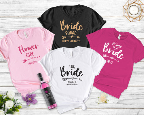 Hen Party Arrow Design Personalised T-shirts, Bachelorette Party Apparel, Bridal Party Personalised Gifts