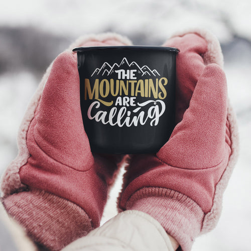 Mountains Are Calling Personalised Enamel Black Mugs