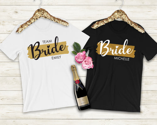 The Bride / Team Bride Posh Gold Hen Party Personalised T-shirts, Bachelorette Party Apparel, Bridal Party Personalised Gifts