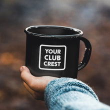 Personalised Enamel Black Mugs with your Hiking Club Crest, Team Sign or Company Logo