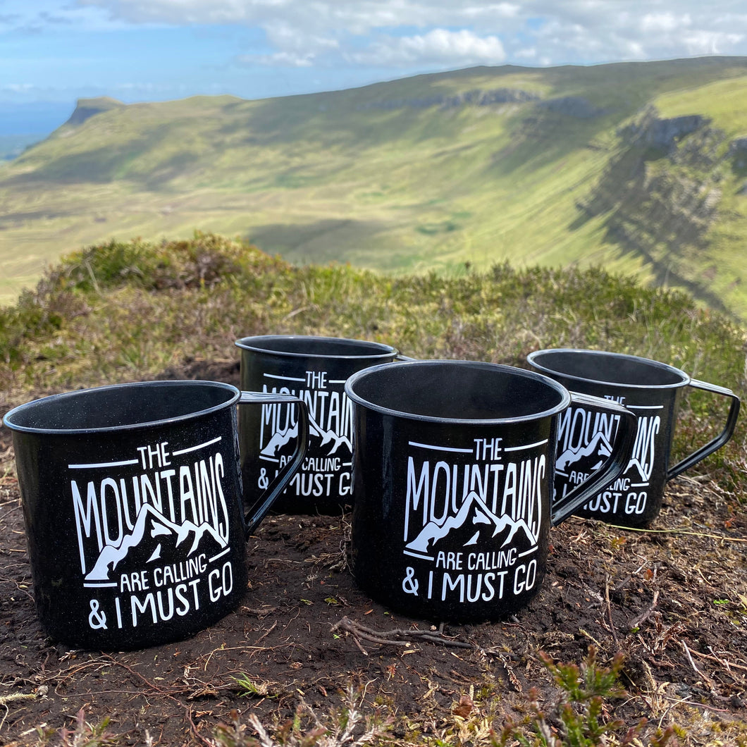 'The Mountains are calling...' Personalised Enamel Black Mugs
