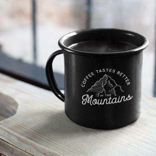 'Coffee Tastes Better in the Mountains' Personalised Enamel Black Mugs