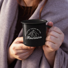 'Coffee Tastes Better in the Mountains' Personalised Enamel Black Mugs