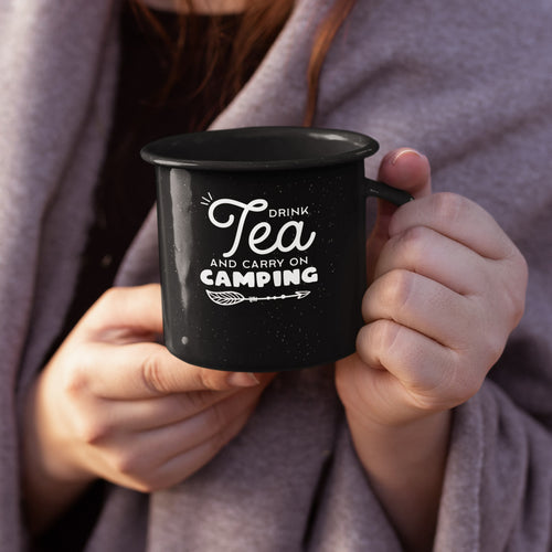 'Drink Tea and Carry on Camping' Personalised Enamel Black Mugs