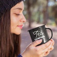 'Drink Tea and Carry on Camping' Personalised Enamel Black Mugs