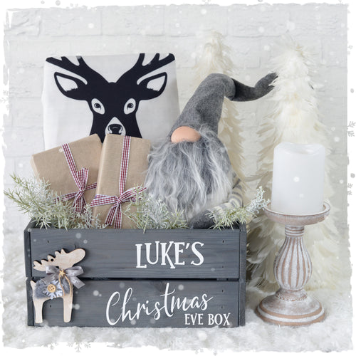 Personalised Christmas Eve Box with Furry Wood Decoration