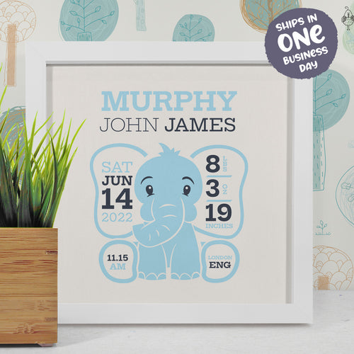 Personalised New Baby Frame | Newborn Big Ears Elephant Frame Print Art