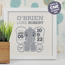 Personalised New Baby Frame | Newborn Big Ears Elephant Frame Print Art