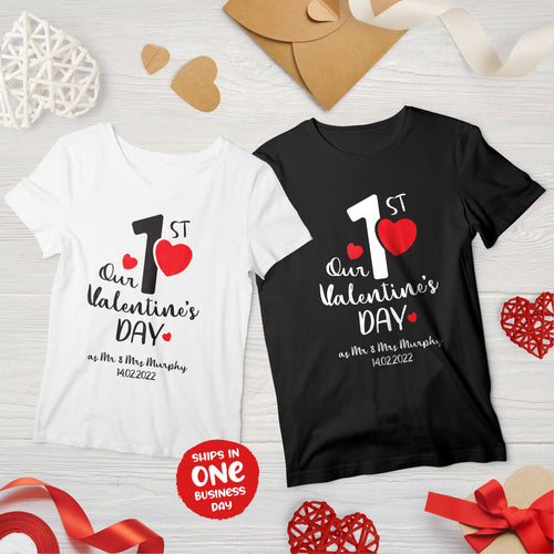 'Our First Valentine's Day' Personalised matching T-shirts