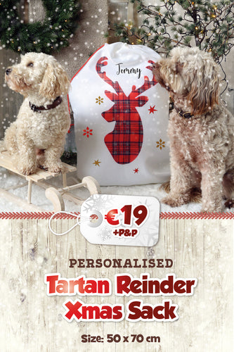 Tartan Reinder Personalised Christmas Present Sack